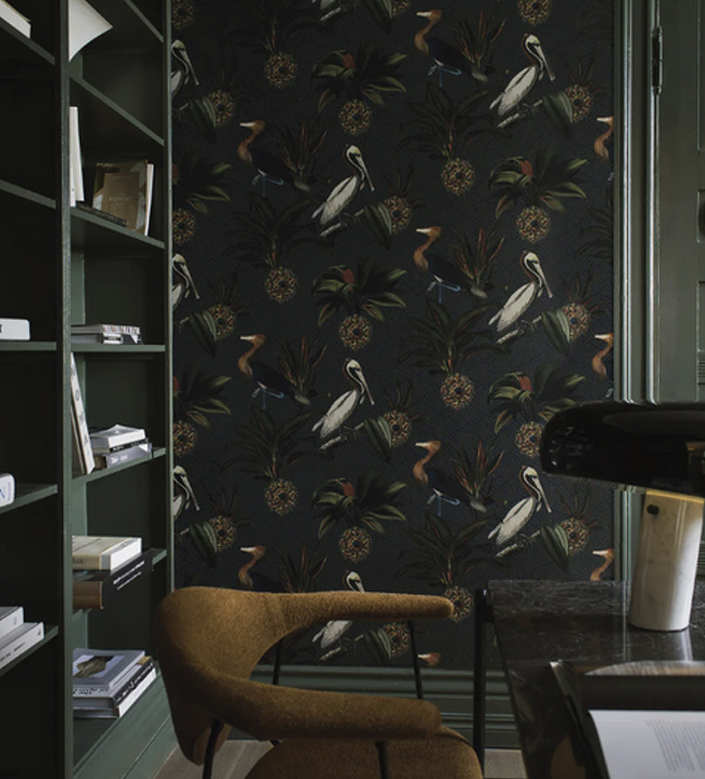 Sapphire Birds luxury bird wallpaper in deep tones with exotic birds and foliage for statement feature walls