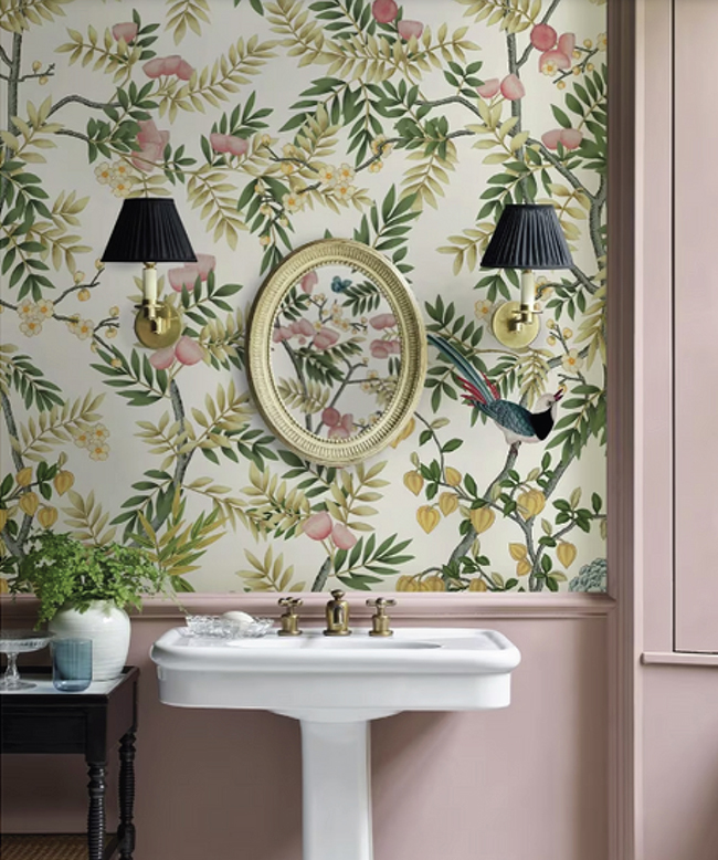 Liberty Silk Tree floral bird wallpaper with songbirds perched among blossom-laden branches