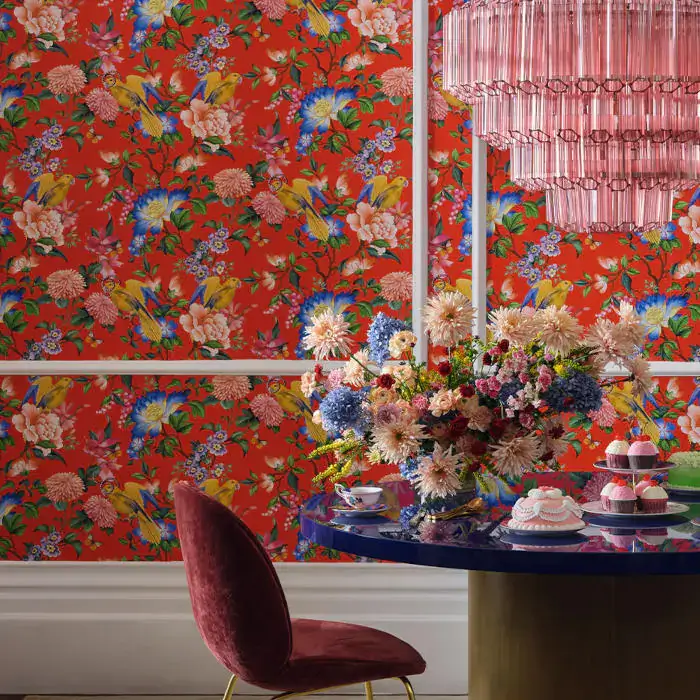 Golden Parrot Wallpaper in Coral by Wedgwood for Clarke & Clarke