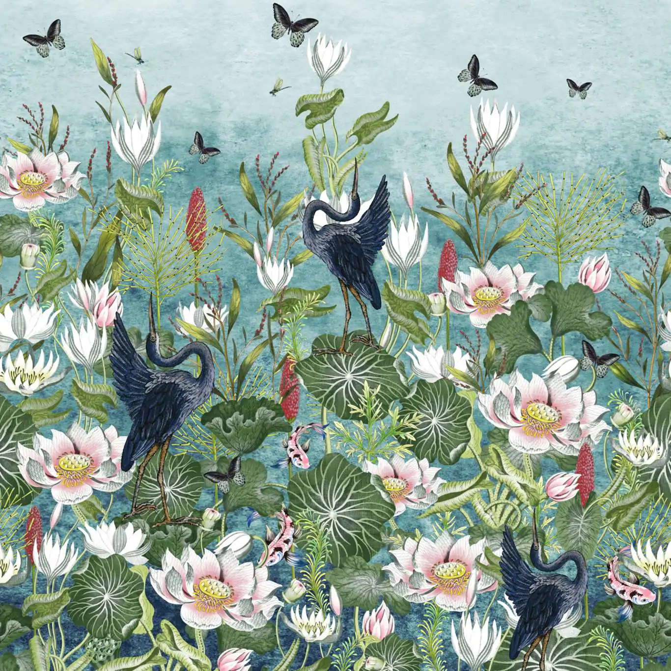 Waterlily Wallpaper in Marine Blue by Wedgwood for Clarke & Clarke