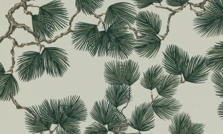 Pine wallpaper by Sandberg showing stylised green pine needles and branches on a soft neutral background