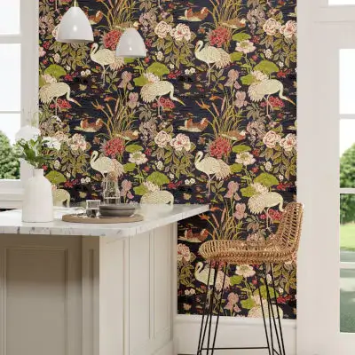 Crane & Frog Wallpaper in Black and Multi