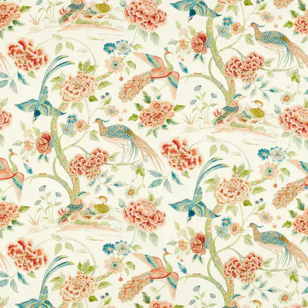 Indienne Peacock Fabric by Sanderson in Cinnabar Red and Olive
