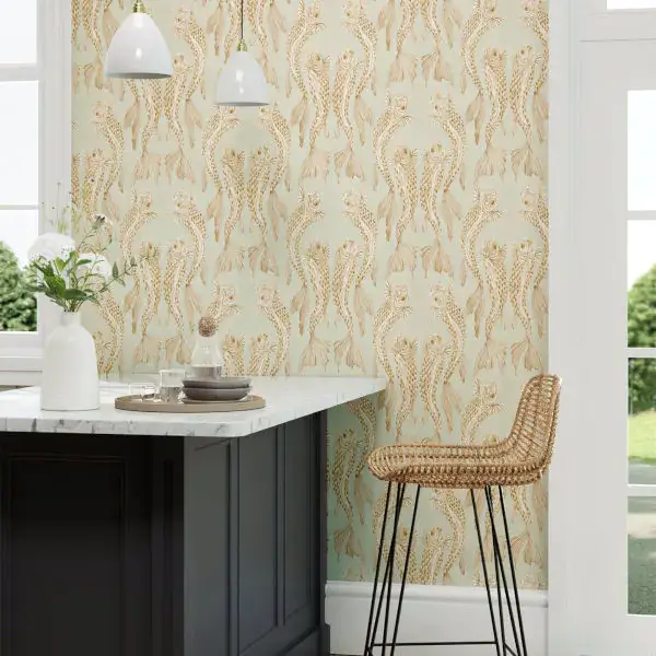 Voyaging Koi Wallpaper in Oriental Green and Honey