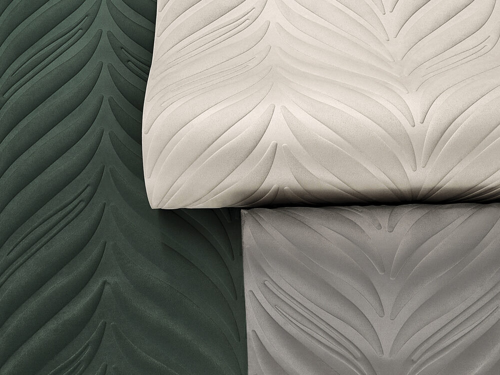 Phillip Jeffries Peaceful Plumes luxury 3D wallcovering in layered plume motif, neutral tones