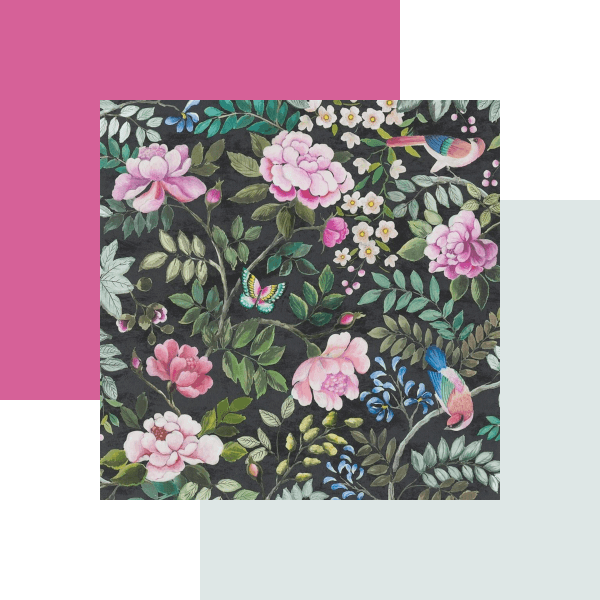Porcelain de Chine wallpaper in Noir with Lotus Pink Paint and Steel No 34 Paint