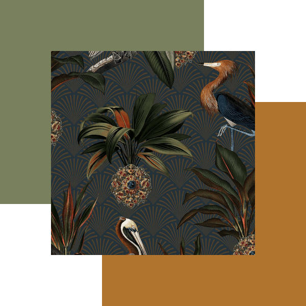 Saphire Birds wallpaper paired with Sage Green and Middle Buff Paints