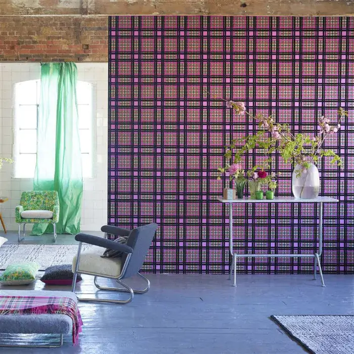 Bold Tartan Wallpaper - Chennai in Fuschia by Designers Guild