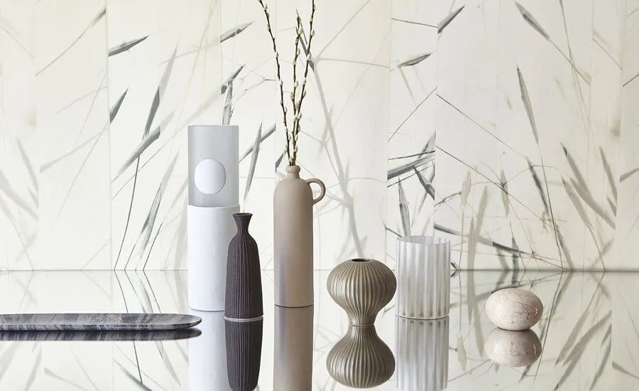 Simple Accessories for Zen Style shown with Scene Wallpaper from Villa Nova